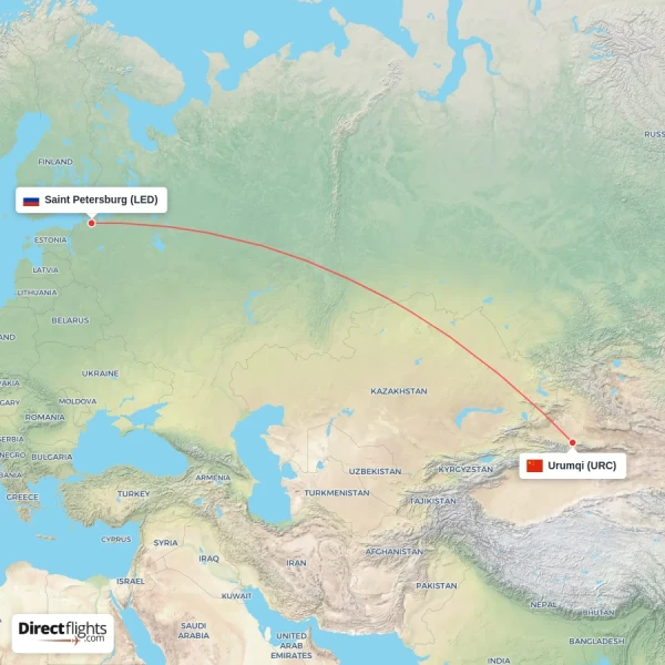 Saint Petersburg - Urumqi direct flight map