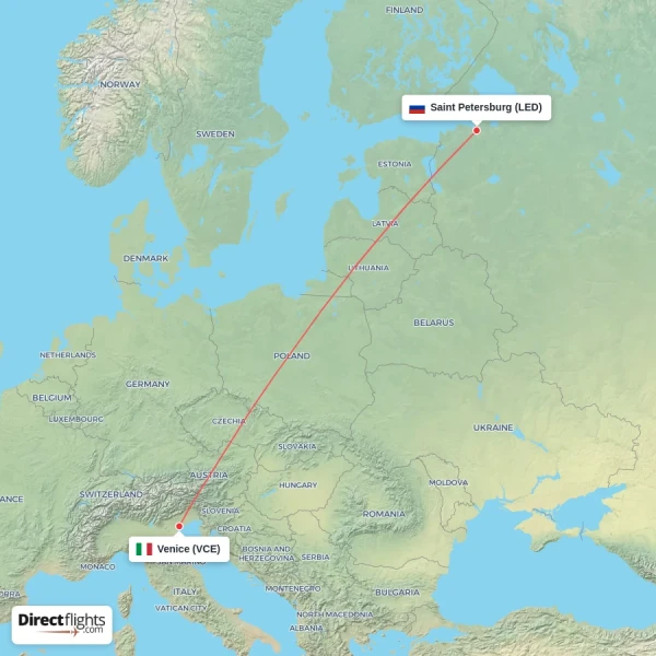 Saint Petersburg - Venice direct flight map