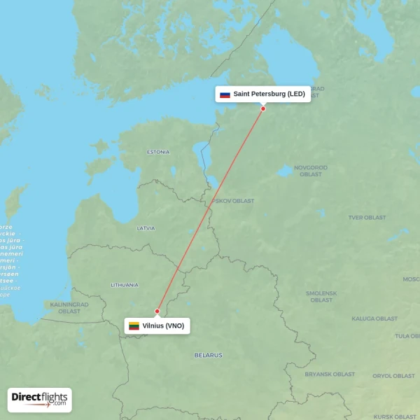 Saint Petersburg - Vilnius direct flight map