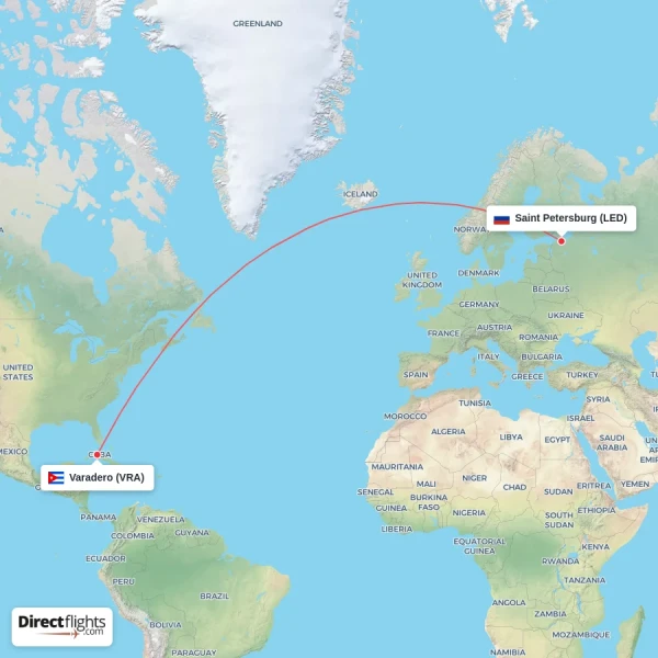 Saint Petersburg - Varadero direct flight map