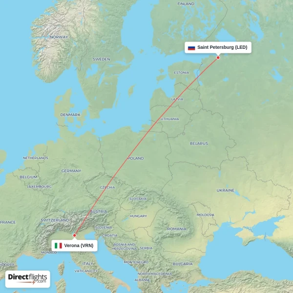 Saint Petersburg - Verona direct flight map
