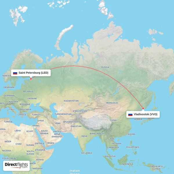 Saint Petersburg - Vladivostok direct flight map