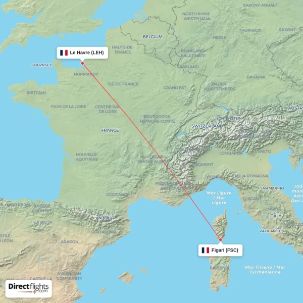 Le Havre - Figari direct flight map