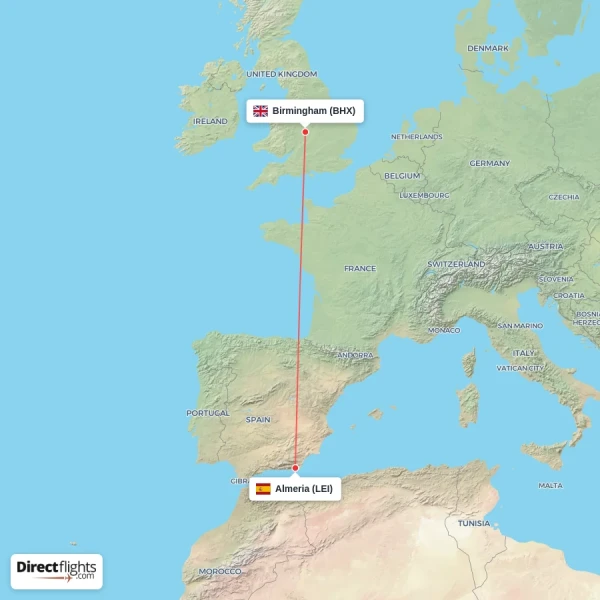 Almeria - Birmingham direct flight map