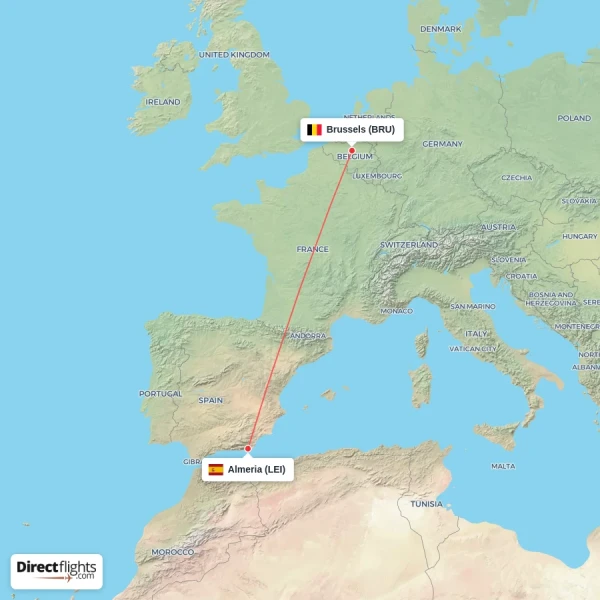 Almeria - Brussels direct flight map