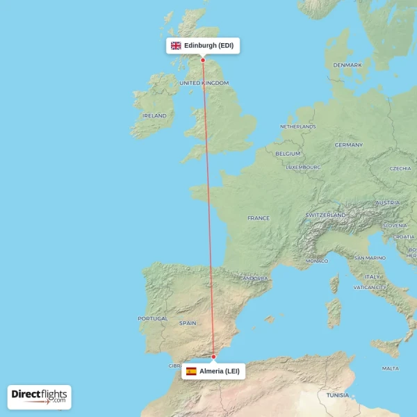 Almeria - Edinburgh direct flight map