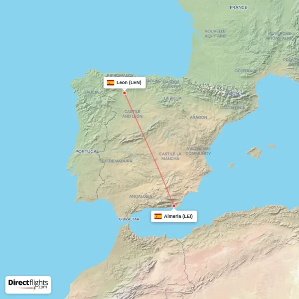 Almeria - Leon direct flight map
