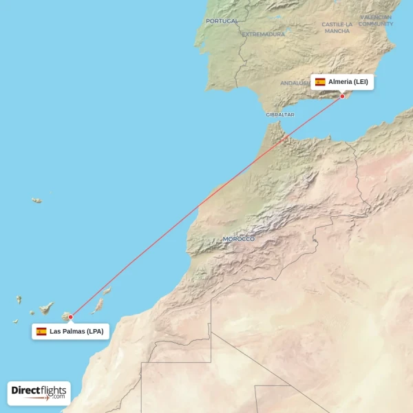 Almeria - Las Palmas direct flight map