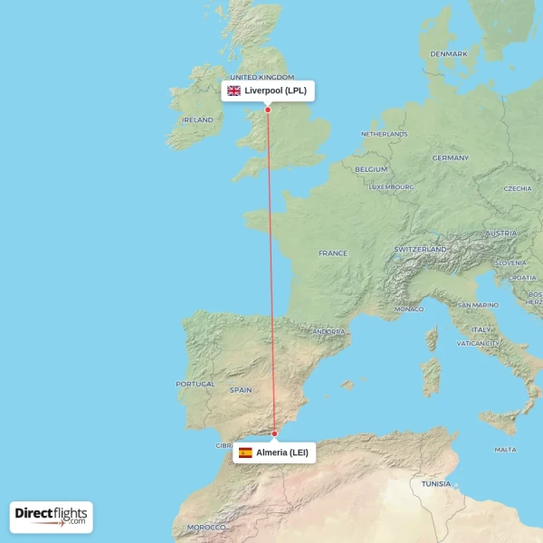 Almeria - Liverpool direct flight map
