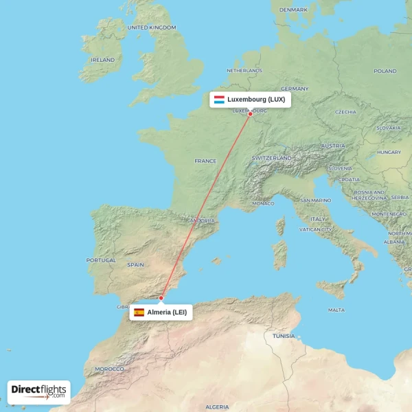 Almeria - Luxembourg direct flight map