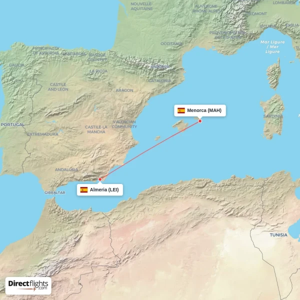 Almeria - Menorca direct flight map