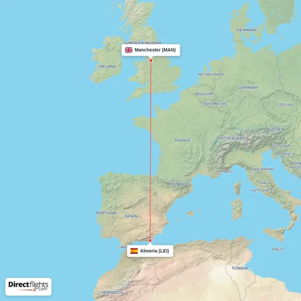 Almeria - Manchester direct flight map