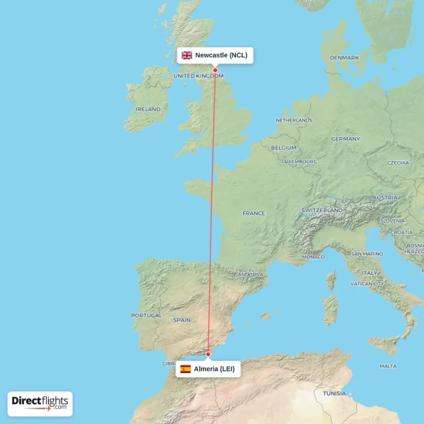 Almeria - Newcastle direct flight map