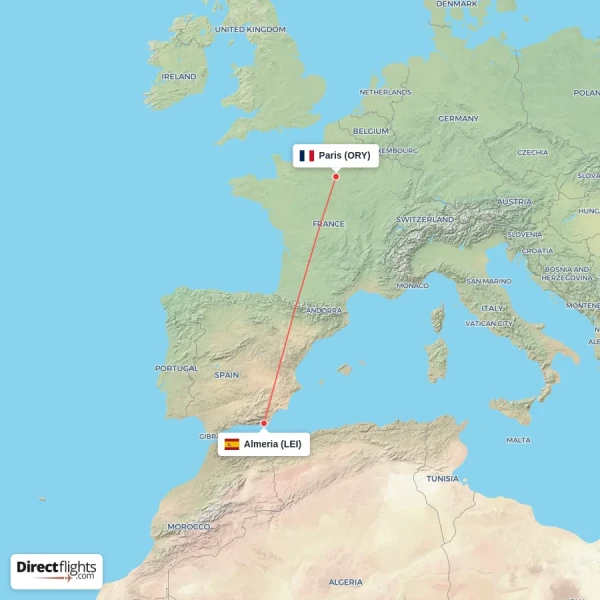 Almeria - Paris direct flight map