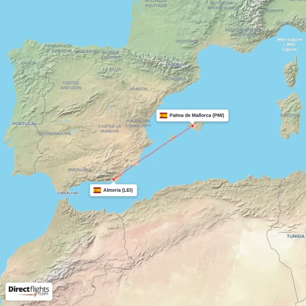 Almeria - Palma de Mallorca direct flight map
