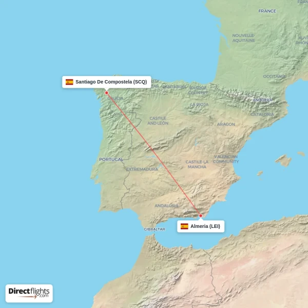Almeria - Santiago De Compostela direct flight map