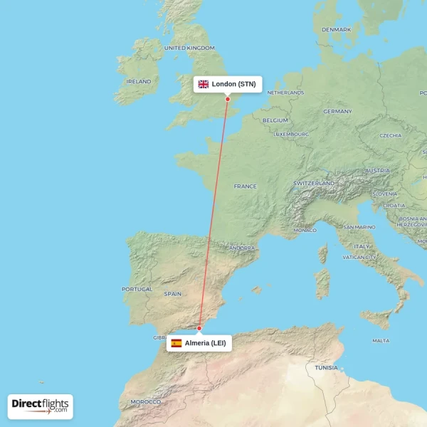 Almeria - London direct flight map