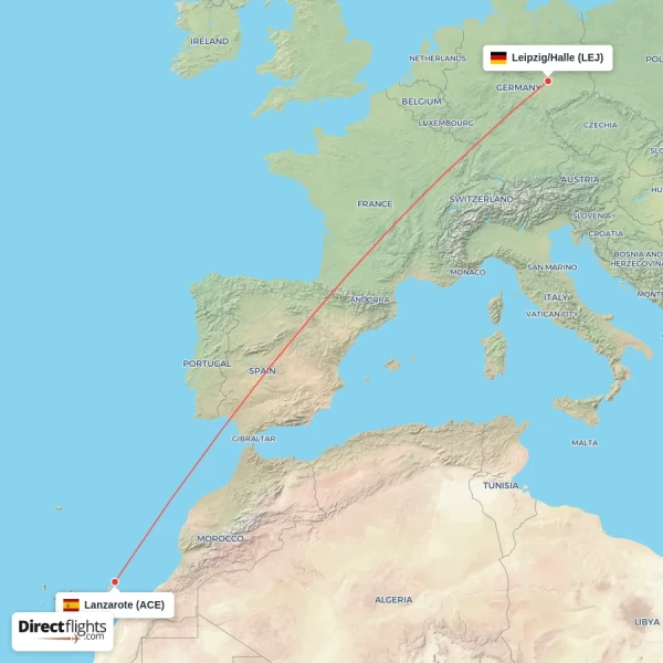 Leipzig/Halle - Lanzarote direct flight map