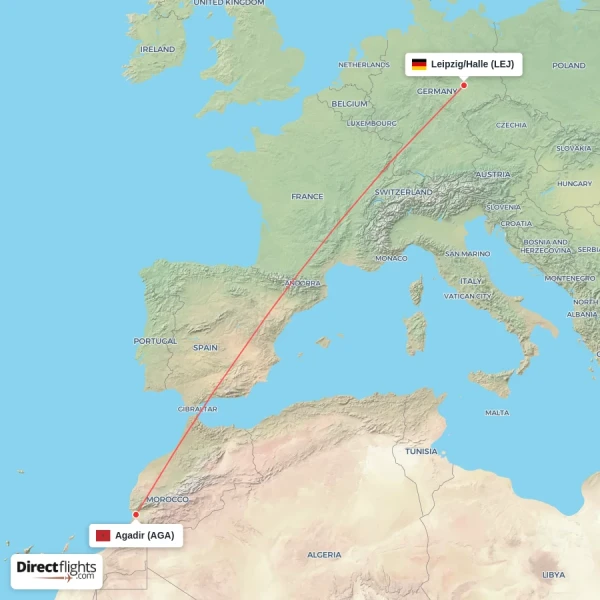 Leipzig/Halle - Agadir direct flight map