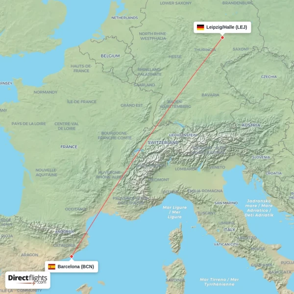 Leipzig/Halle - Barcelona direct flight map
