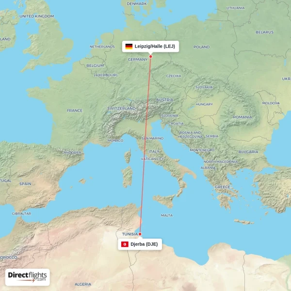 Leipzig/Halle - Djerba direct flight map