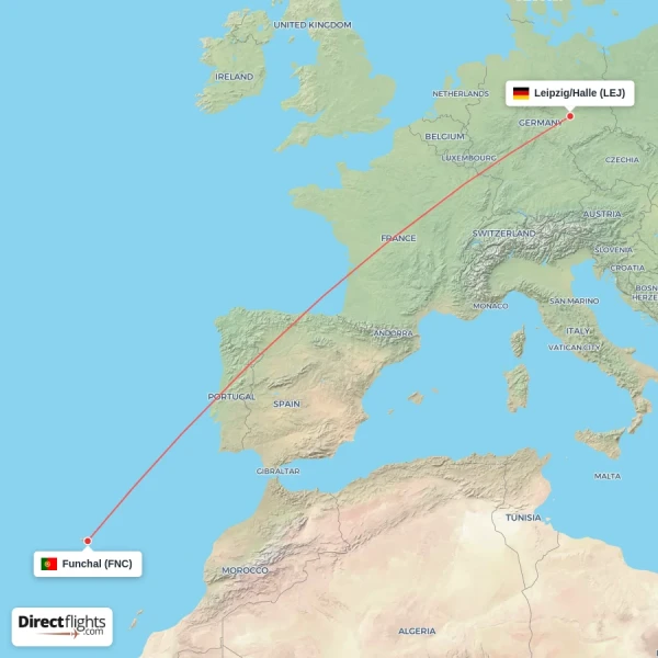 Leipzig/Halle - Funchal direct flight map
