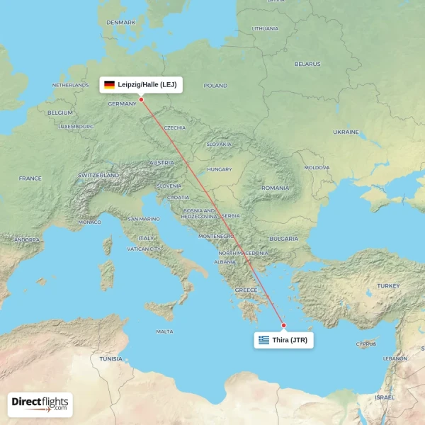 Leipzig/Halle - Thira direct flight map
