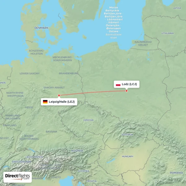 Leipzig/Halle - Lodz direct flight map