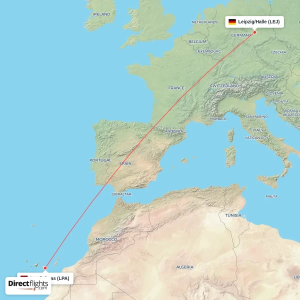 Leipzig/Halle - Las Palmas direct flight map