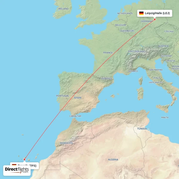 Leipzig/Halle - Tenerife direct flight map