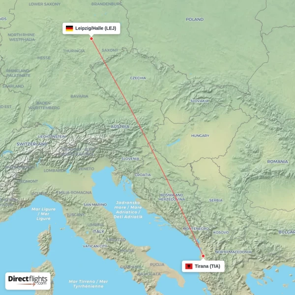 Leipzig/Halle - Tirana direct flight map