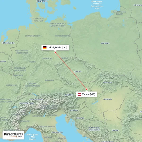 Leipzig/Halle - Vienna direct flight map