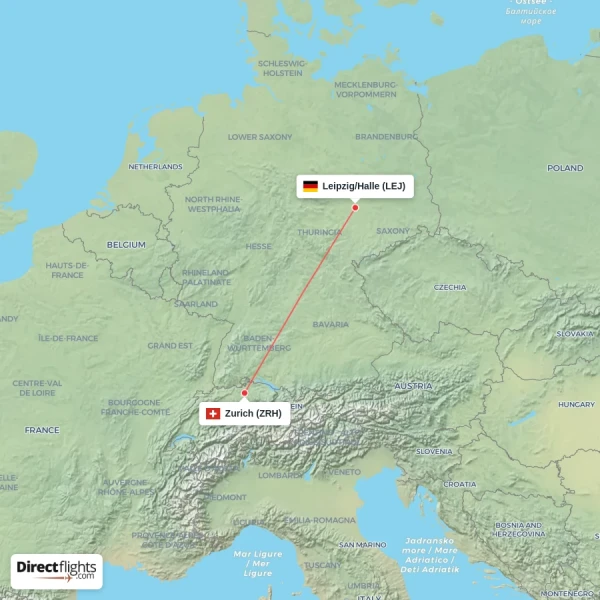 Leipzig/Halle - Zurich direct flight map