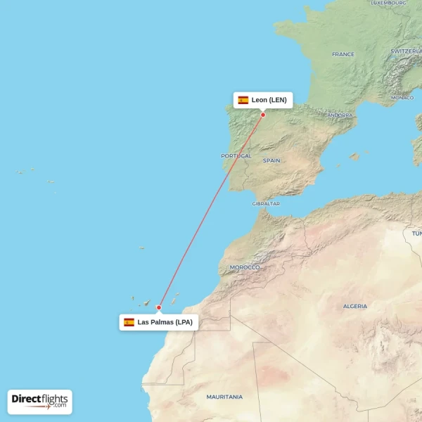 Leon - Las Palmas direct flight map