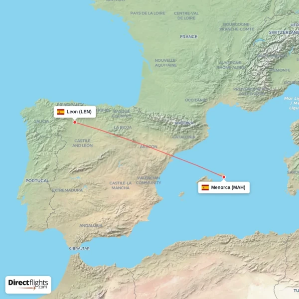 Leon - Menorca direct flight map
