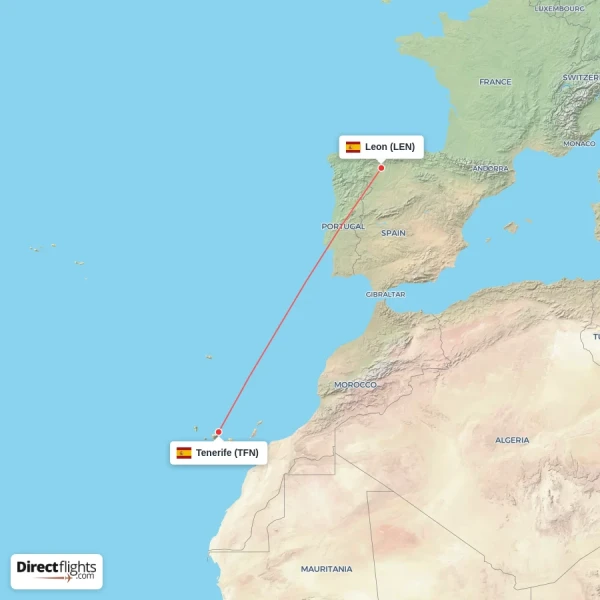 Leon - Tenerife direct flight map