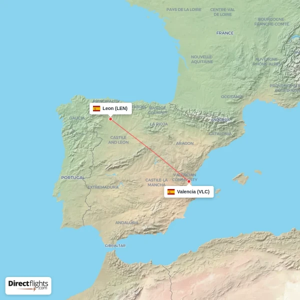 Leon - Valencia direct flight map