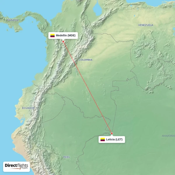 Leticia - Medellin direct flight map