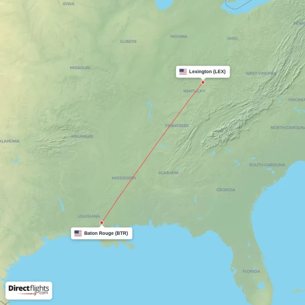 Lexington - Baton Rouge direct flight map