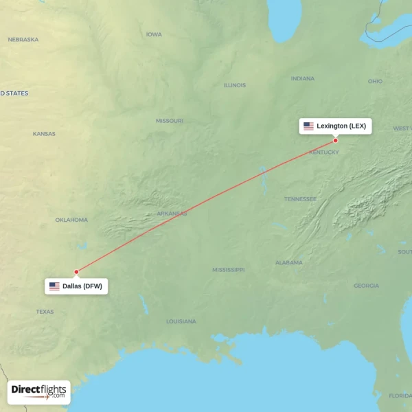 Lexington - Dallas direct flight map