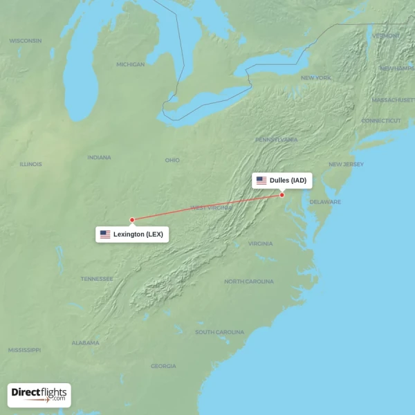 Lexington - Dulles direct flight map