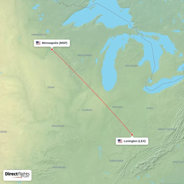 Lexington - Minneapolis direct flight map
