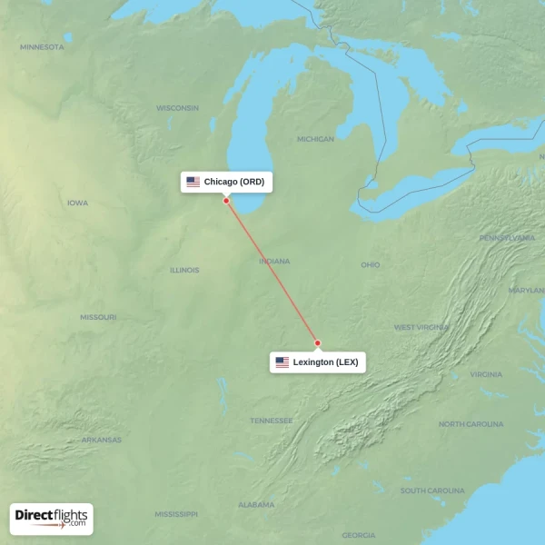 Lexington - Chicago direct flight map