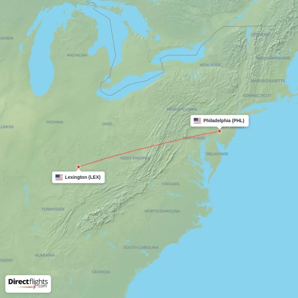 Lexington - Philadelphia direct flight map