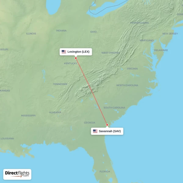 Lexington - Savannah direct flight map