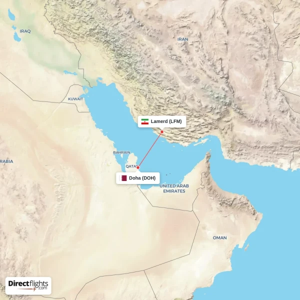 Lamerd - Doha direct flight map