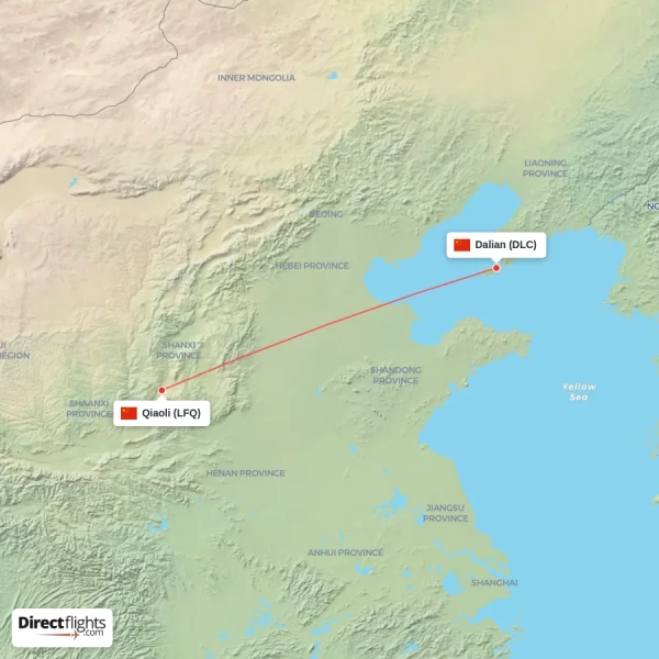 Qiaoli - Dalian direct flight map