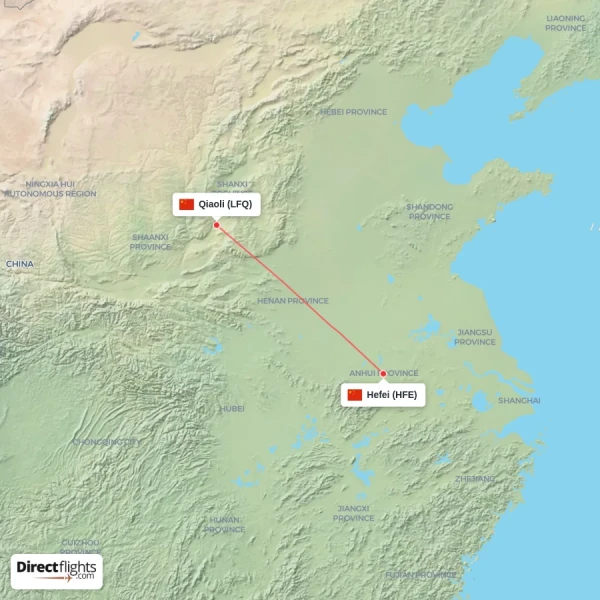 Qiaoli - Hefei direct flight map