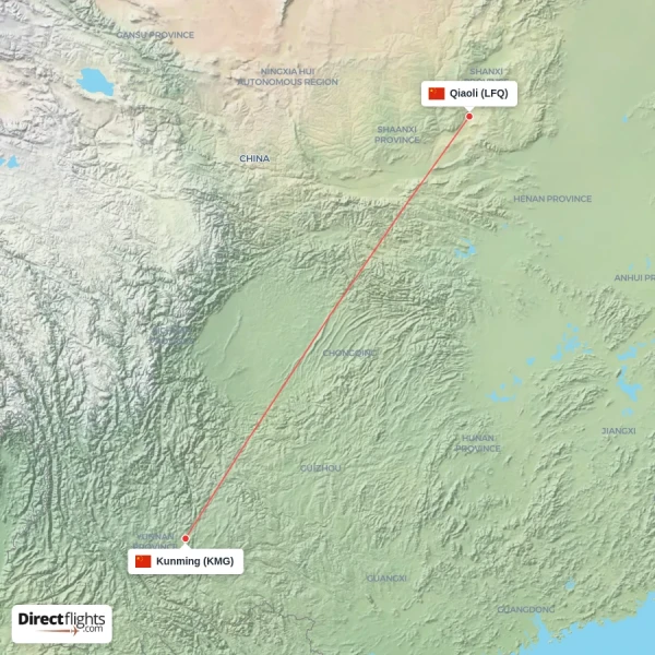 Qiaoli - Kunming direct flight map