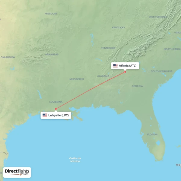 Lafayette - Atlanta direct flight map
